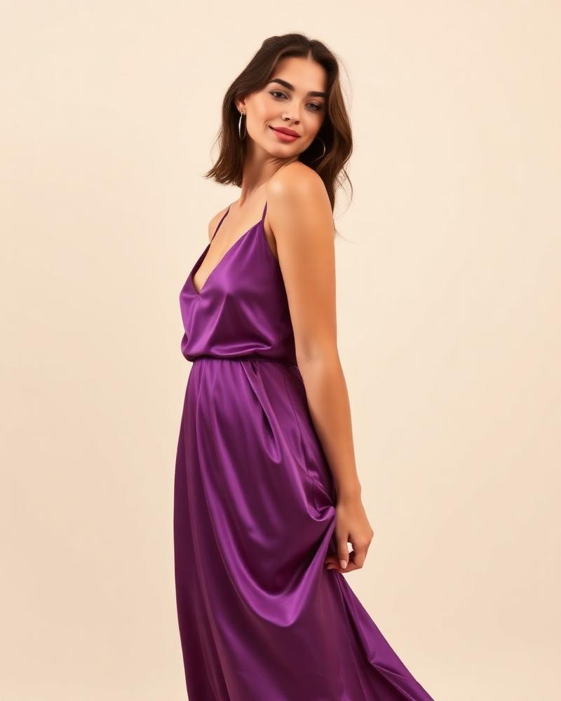 Purple slip dress shown in a virtual try-on comparison
